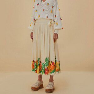 Farm Rio Embroidered Fruits Side Bow Midi Skirt Size XL NWT